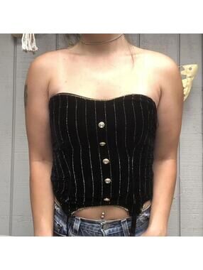 Vintage Black Gold Pinstripe 90s 00s Playboy Women's Corset Costume M